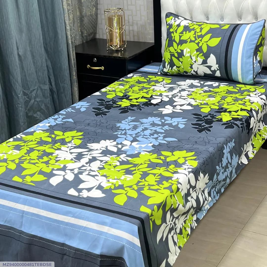 Single Bed Printed Bedsheet Set Green Floral Crystal Cotton