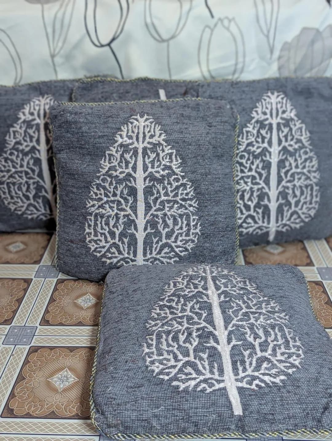 Grey Velvet Tree Print Cushion Covers Set of 5