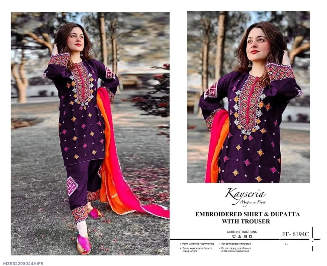 Purple Embroidered Lawn 3Pcs Set with Dupatta