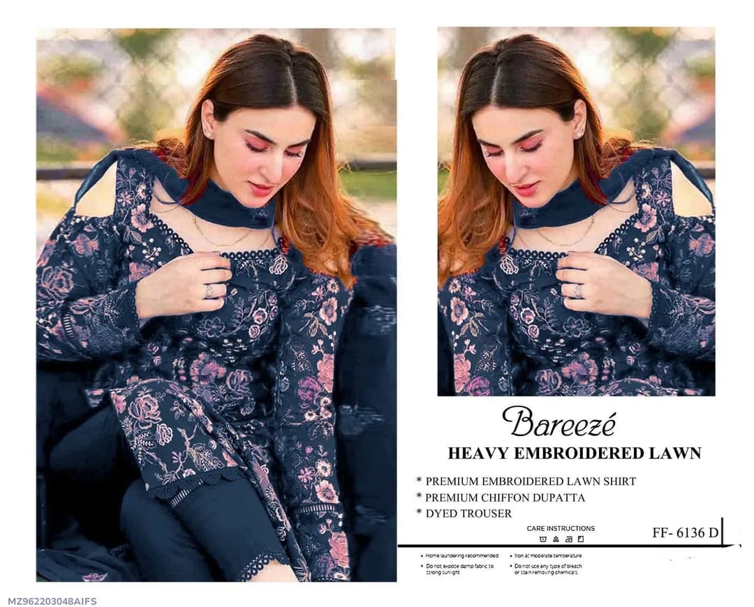 Bareezé Heavy Embroidered Lawn 3Pcs Blue Suit Set