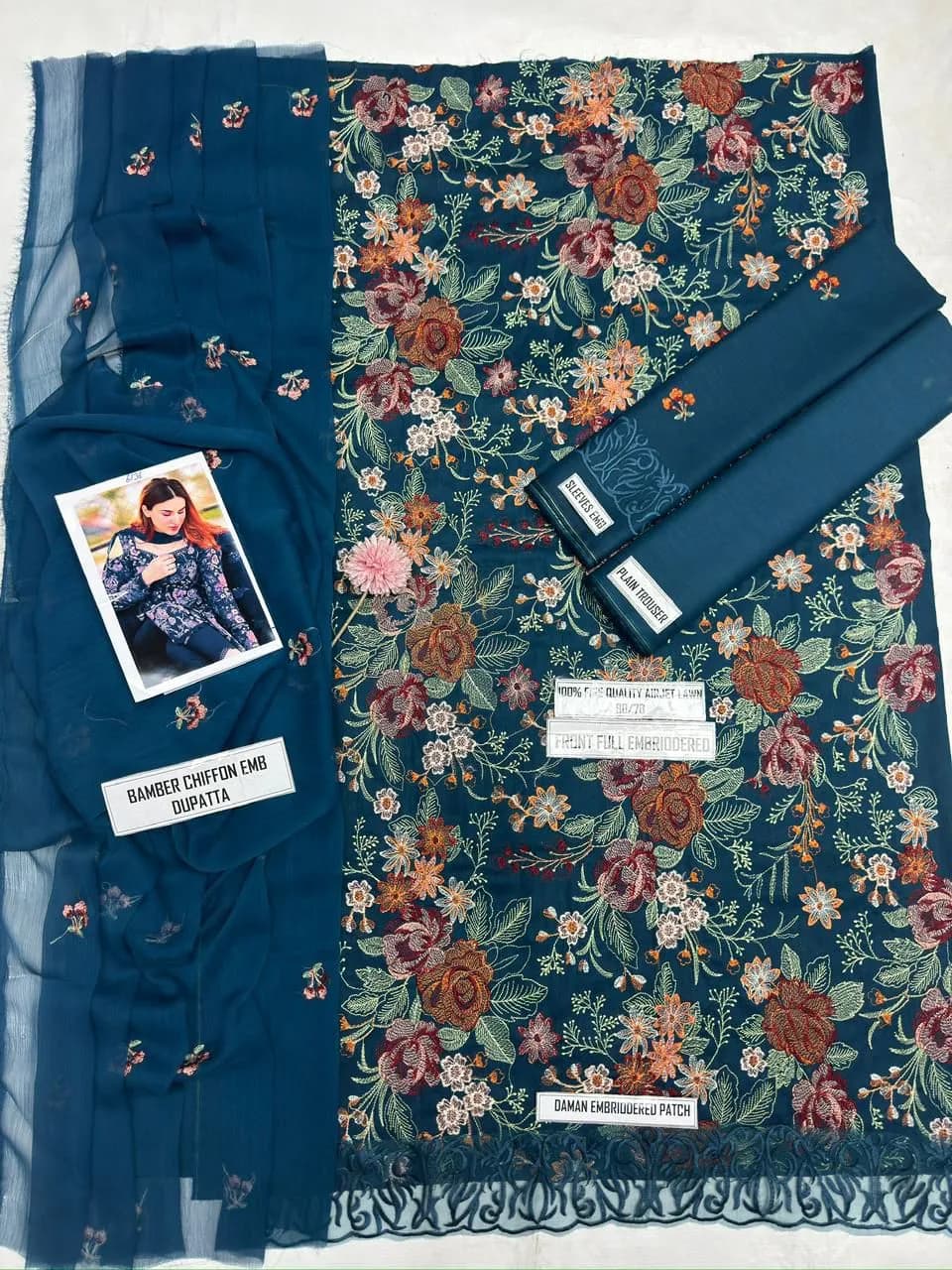 Bareezé Heavy Embroidered Lawn 3Pcs Blue Suit Set