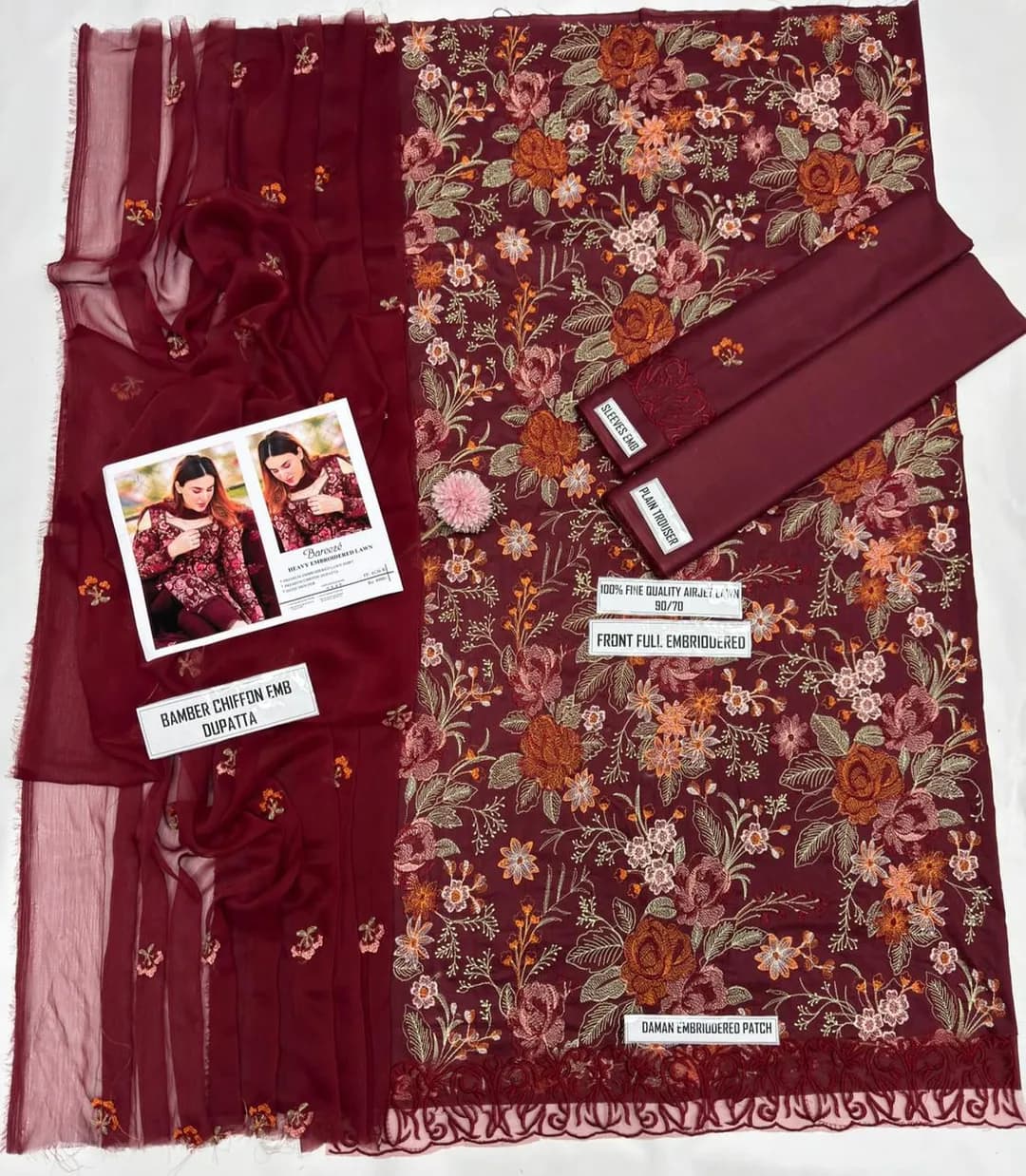 Heavy Embroidered Lawn Shirt Red 3Pcs Set
