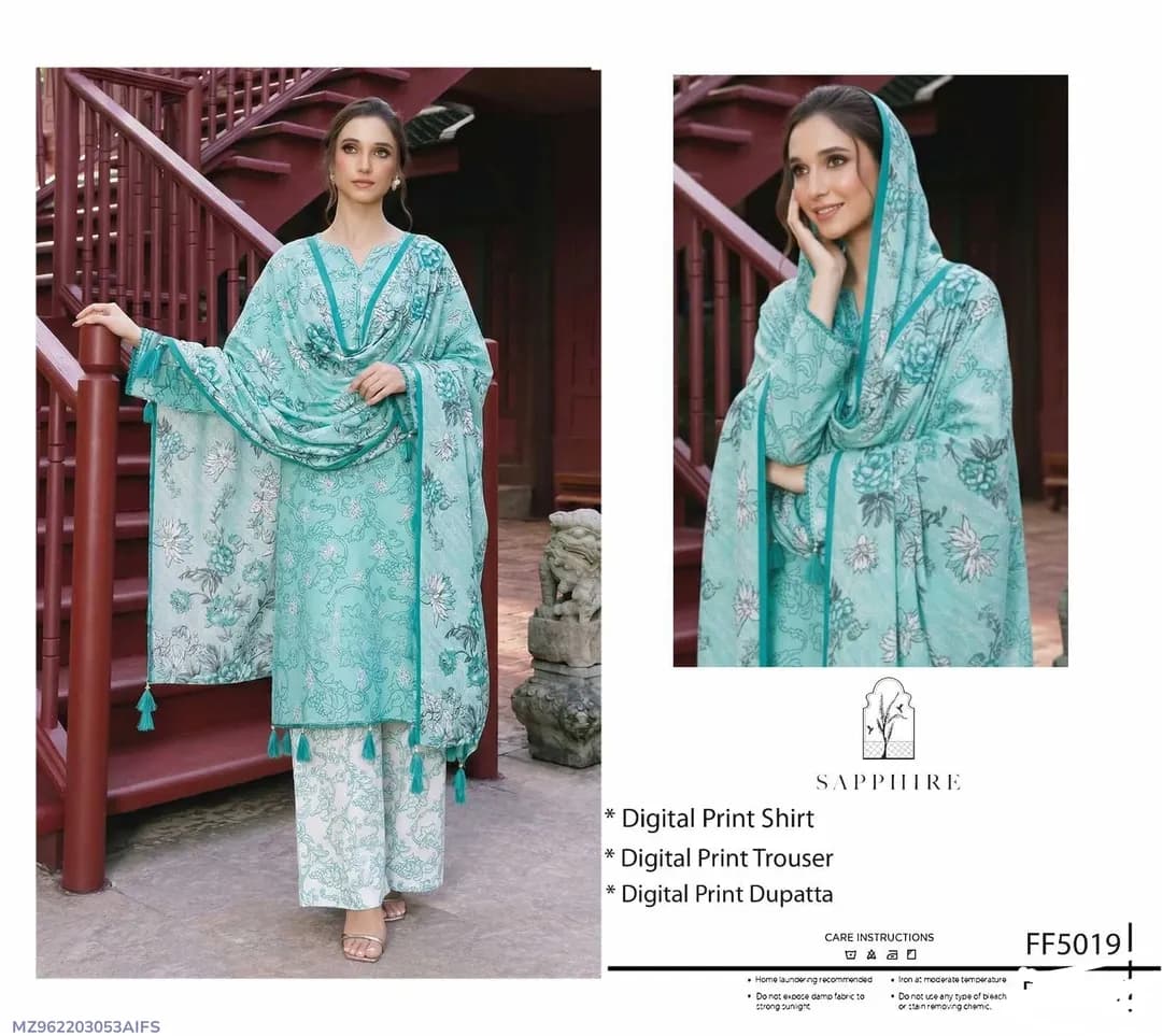 Blue Digital Print Lawn 3Pcs Set