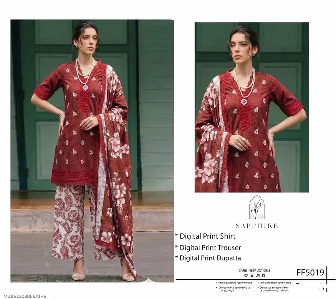 Red Digital Print Lawn 3Pcs Set