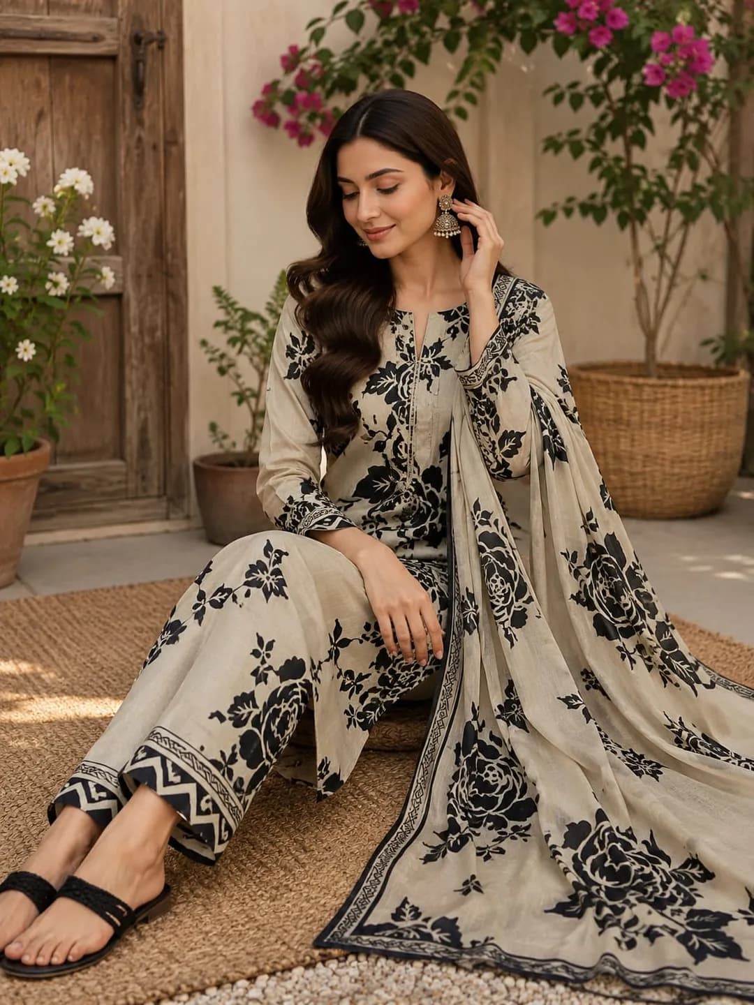 Lawn Printed Dupatta Set Black 3 Pcs