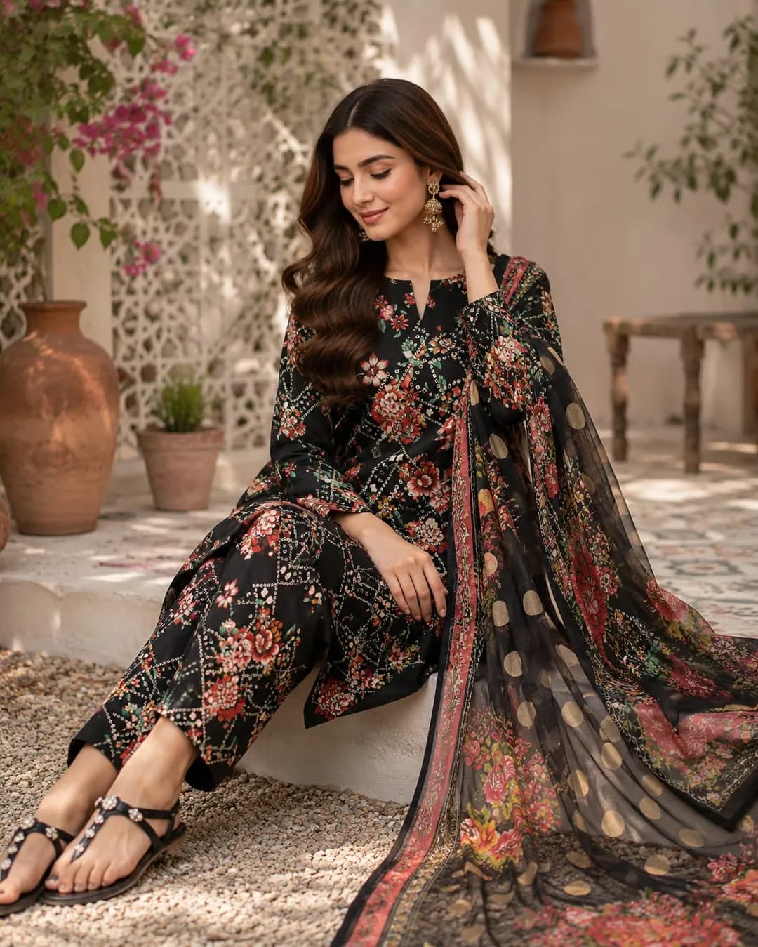 Black Printed Lawn 3Pcs Set with Dupatta Shirt Fabric