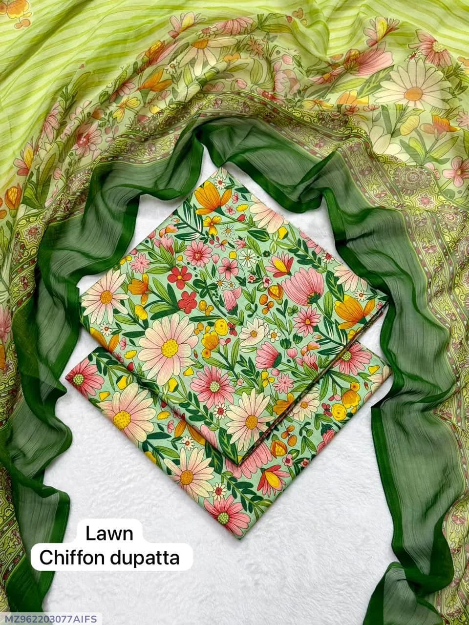 Women's 3-Piece Lawn Suit Green Digital Print Bakra Eid