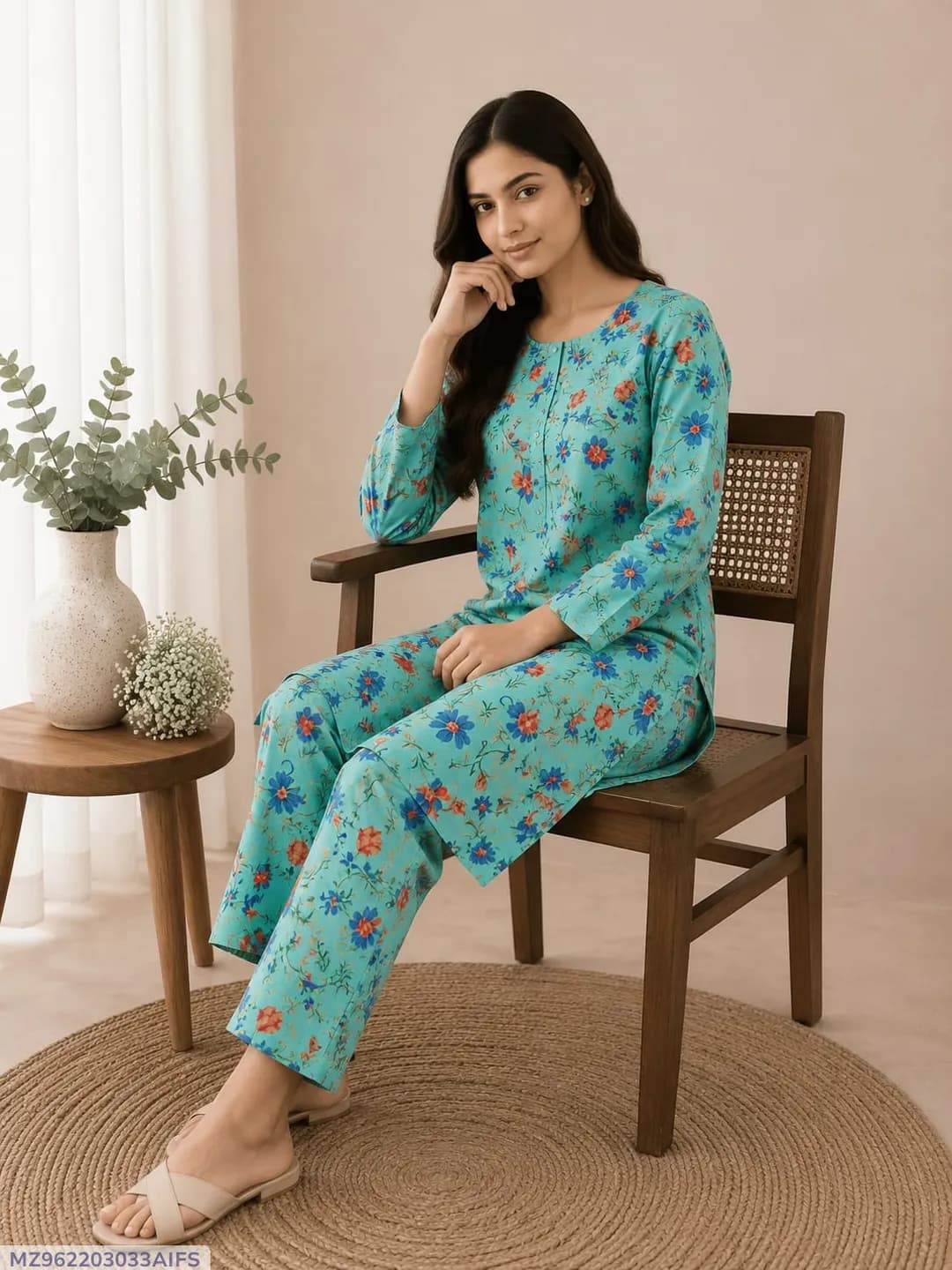 Blue Printed 2-Piece Polo Cotton Set