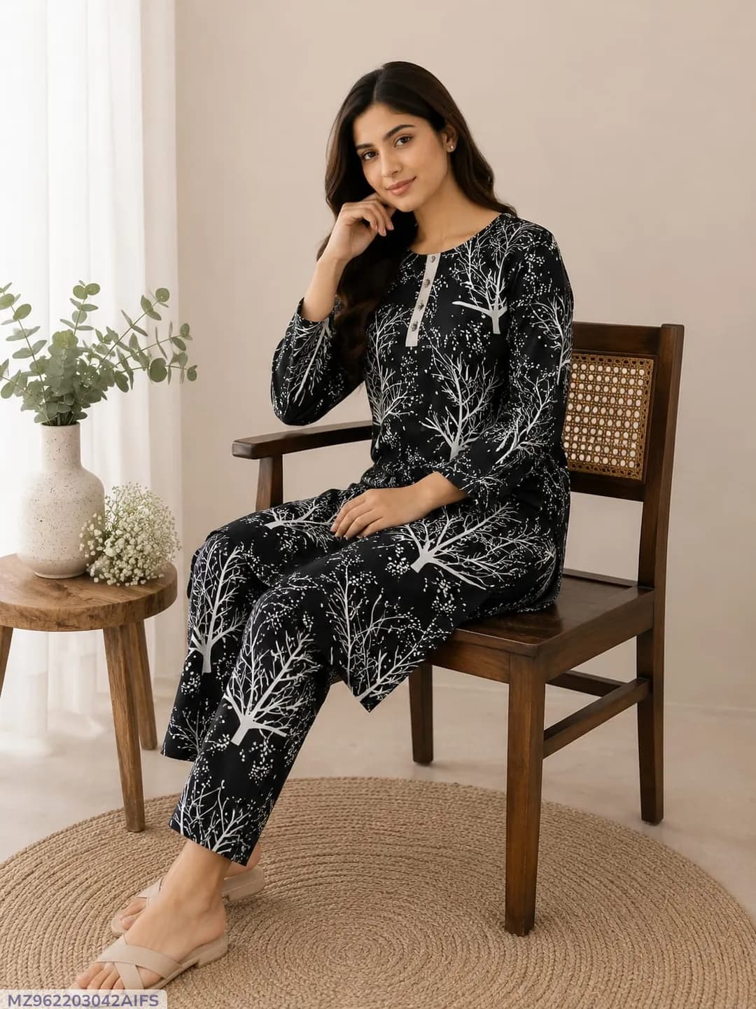 Black Printed 2-Piece Polo Cotton Pajama Set
