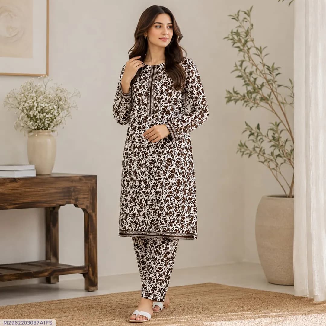 Women Printed 2-Piece Suit Brown Polo Cotton