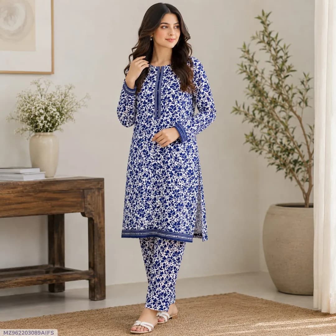 Women Blue Printed 2-Piece Unstitched Suit
