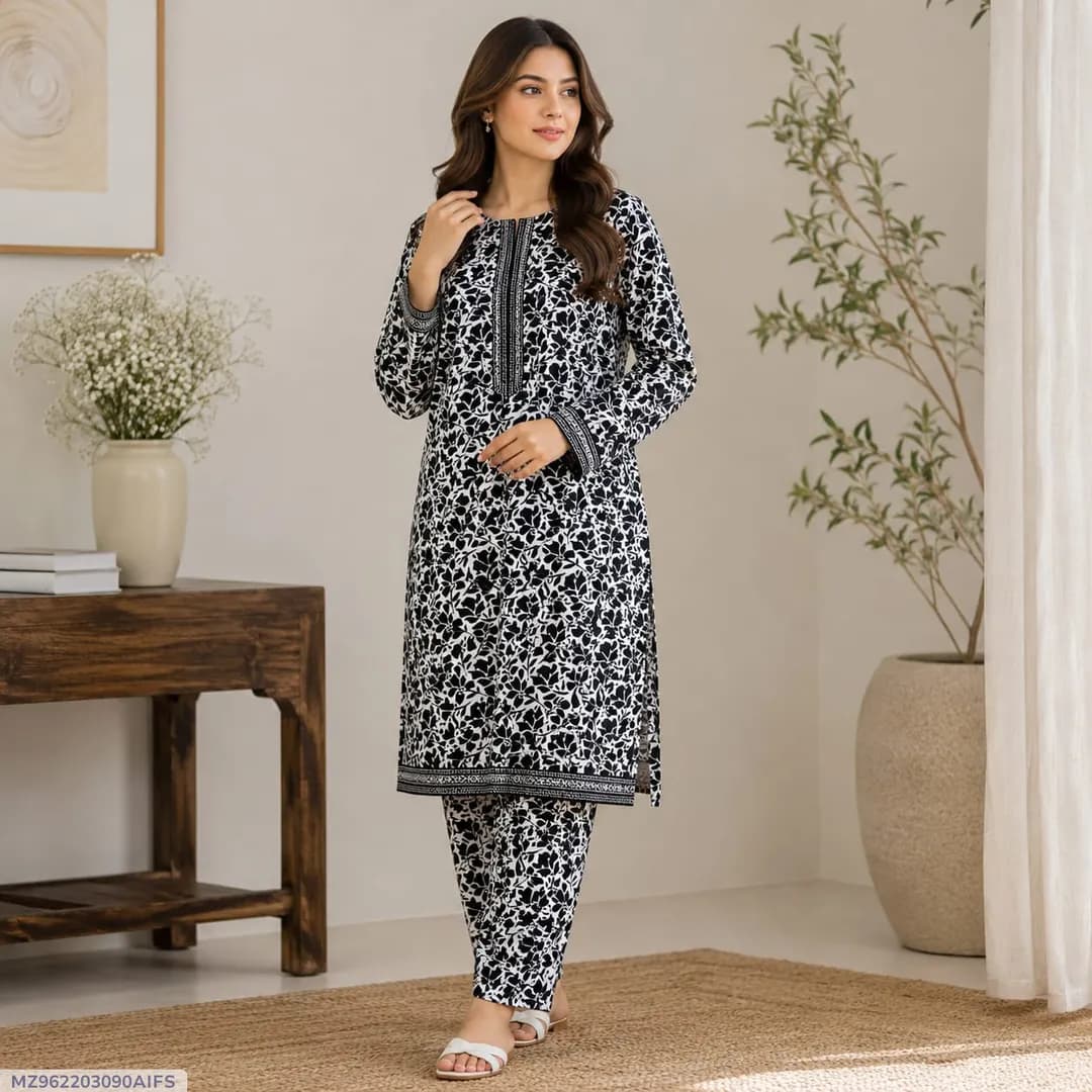 Women Printed 2-Piece Suit Black Polo Cotton