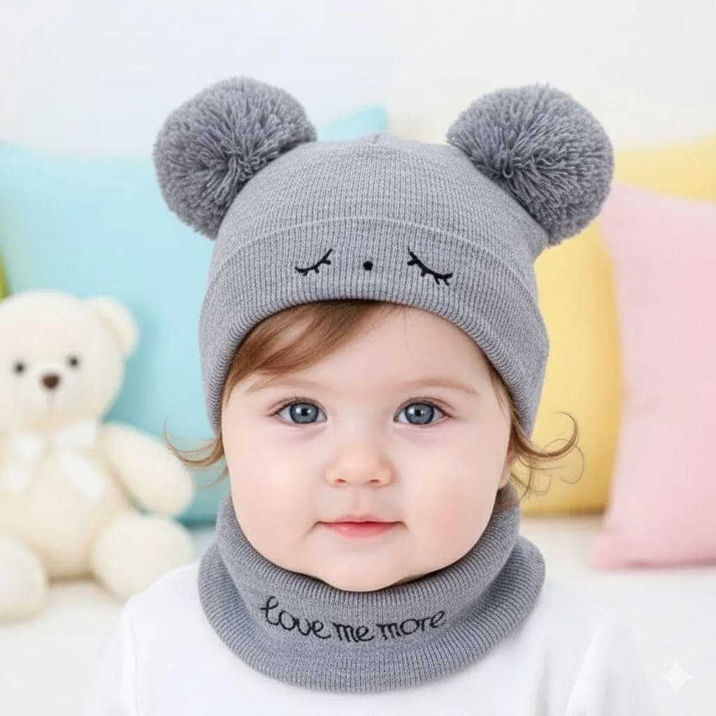 Kids Bear Ears Wool Cap Grey 1-3Yr