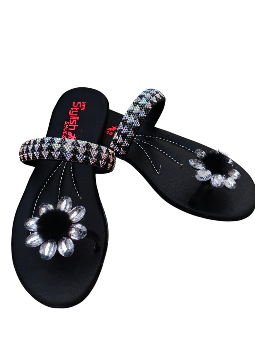 Women's Black Gemstone Strap Sandals Semi-Formal