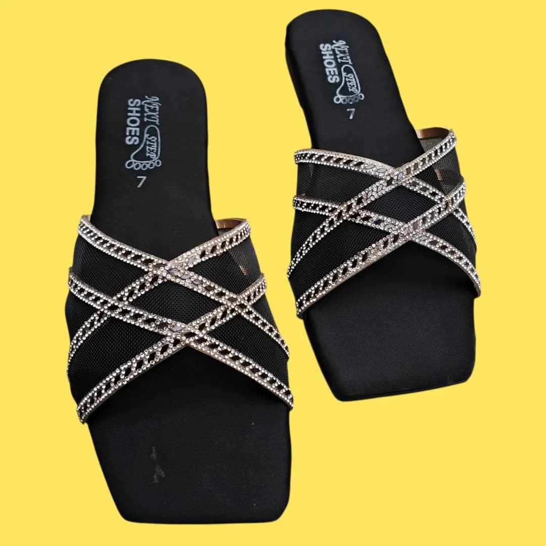 Women Satin Rhinestone Slides Black Size 7-11