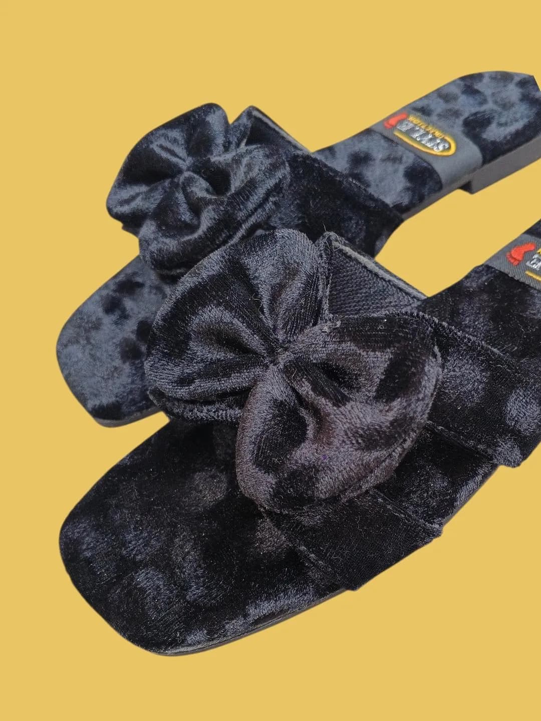 Black Velvet Bow Slippers for Women