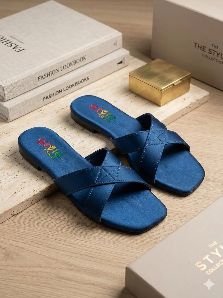 Women Blue Velvet Cross Strap Slides