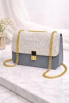 Grey Floral Embossed Chain Crossbody Bag for Women