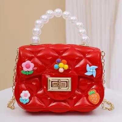 Red Mini Crossbody Bag for Girls with Floral Appliques & Pearl Handle