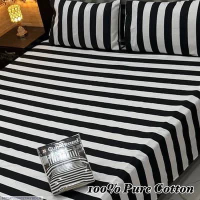100% Pure Cotton Striped Bedsheet Set Double Bed Black