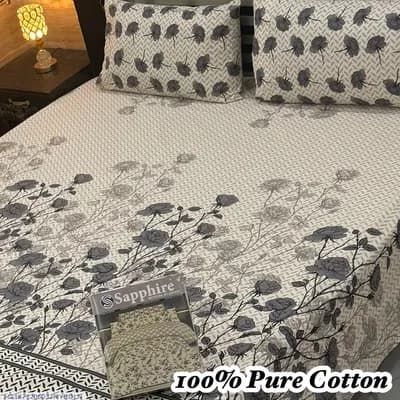 100% Pure Cotton Double Bedsheet Set White Floral