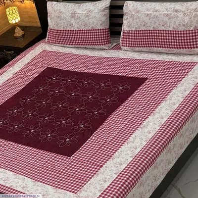 Stylish 3 Pcs Cotton Sotton Embroidered Patchwork Double Bedsheet