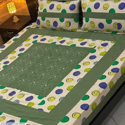 Stylish 3 Pcs Cotton Sotton Embroidered Patchwork Double Bedsheet