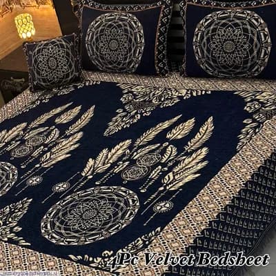 Exclusive 4 Pcs Velvet Jacquard Embroidered Double Bedsheet