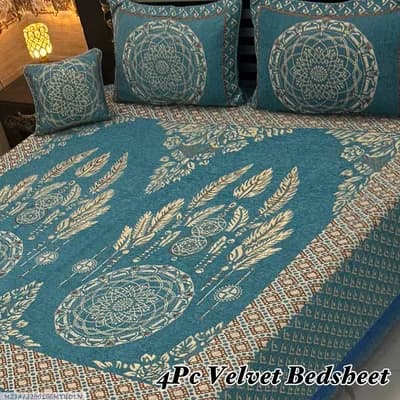 Exclusive 4 Pcs Velvet Jacquard Embroidered Double Bedsheet