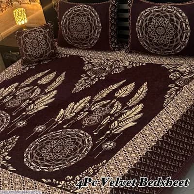 Exclusive 4 Pcs Velvet Jacquard Embroidered Double Bedsheet