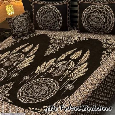 Exclusive 4 Pcs Velvet Jacquard Embroidered Double Bedsheet