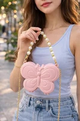 Pink Butterfly Crossbody Bag for Girls with Pearl & Gold Chain