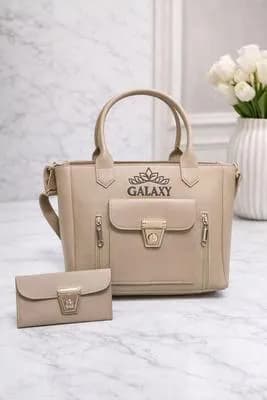 Women's Beige Leather Handbag Set with Small Clutch