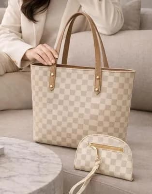Women's Beige Checkered Leather Handbag Set 2 Pcs