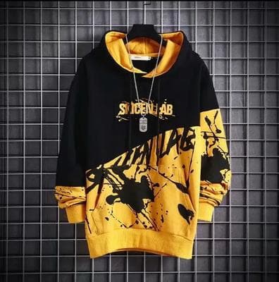 Men Printed Jersey Hoodie Black Yellow Graphic Hooded Neck
