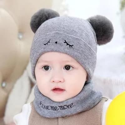 Baby Bear Hat Neck Warmer Grey Wool Unisex