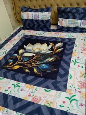 Cotton Patchwork Double Bedsheet Blue 3 Pcs