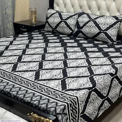 Crystal Cotton Printed Double Bedsheet Black 3 Pcs Set