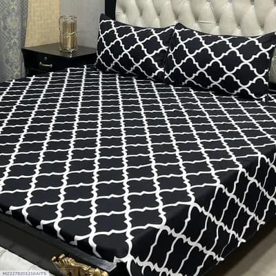 Black Printed Crystal Cotton Double Bedsheet Set of 3
