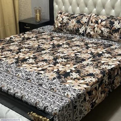 Crystal Cotton Printed Double Bedsheet Black 3 Pcs Set