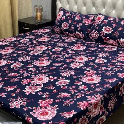 Crystal Cotton Printed Blue Double Bedsheet Set 3 Pcs