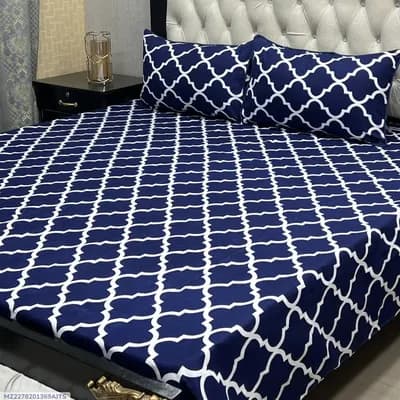 Blue Crystal Cotton Printed Double Bedsheet Set of 3