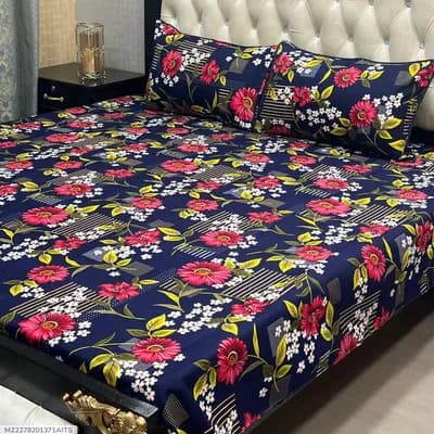 Crystal Cotton Printed Blue Double Bedsheet Set 3 Pcs
