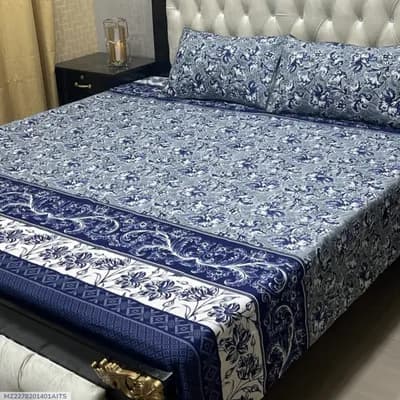 Blue Crystal Cotton Printed Double Bedsheet Set of 3