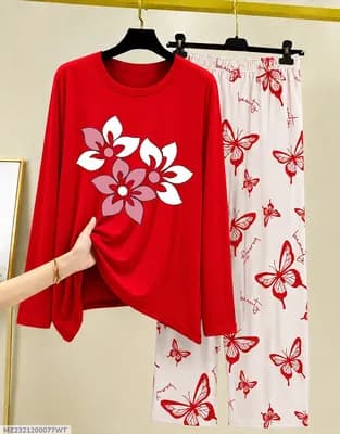 Women Red Printed Night Suit Cotton Jersey 2-Piece Set