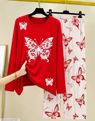Red Butterfly Printed Night Suit for Women 2Pc Cotton Jersey