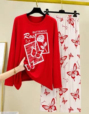 Women Printed Night Suit Red Butterfly Cotton Jersey 2Pc