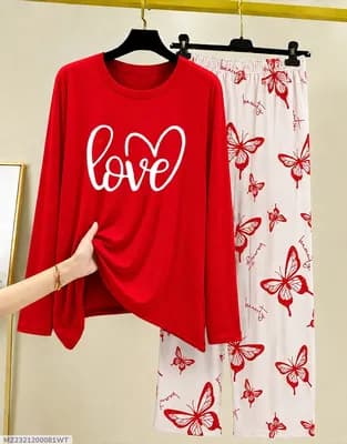 Women Red Butterfly Printed Night Suit Cotton Jersey 28"