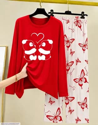 Women Red Printed Night Suit 2Pc Cotton Jersey