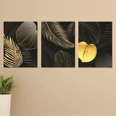 Golden Leaf Wall Art Set 3Pc MDF Black Gold Decor